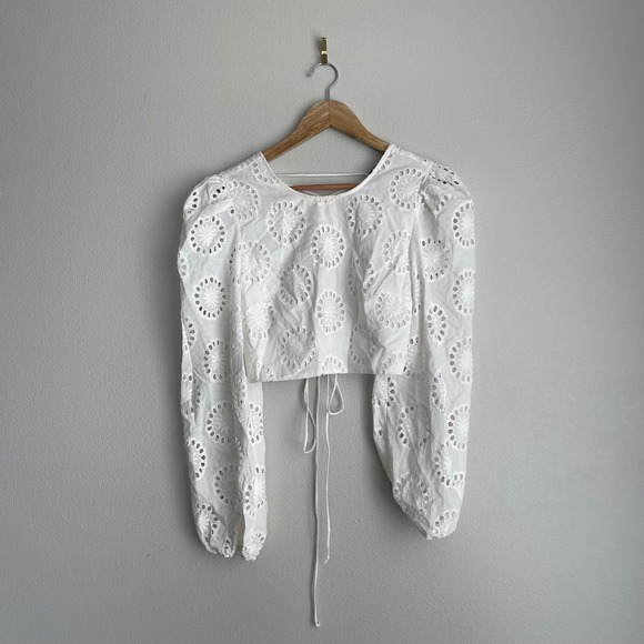 Zara Eyelet Lace Long Sleeve Cropped Puff Sleeve Coquette Top Size Small - Picture 1 of 10